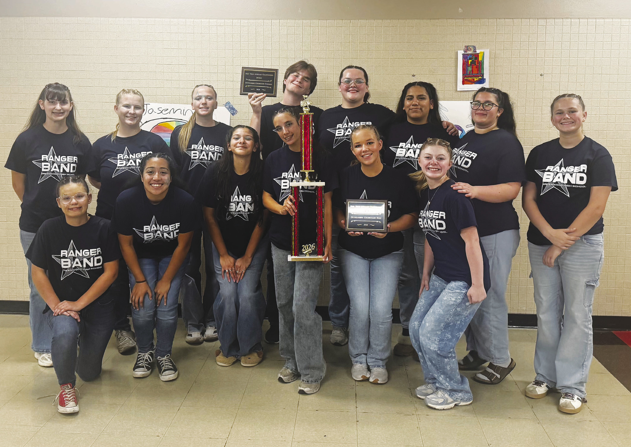 Greenwood High School band students earned several awards at the West Texas Auxiliary Competition in Lubbock. The GHS drumline placed second in Class 4A, while the color guard won first place. Kynzlie Hillis was named Outstanding Color Guard Soloist, and Weston Cummings and Rylee Vaughn earned Outstanding Color Guard Ensemble honors for the fourth consecutive year.
