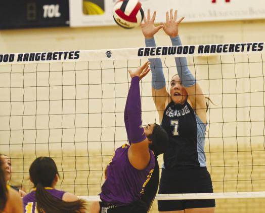 Lexi Stewart with the block against the Pecos Lady Eagles in district play.