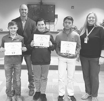 The Greenwood Superintendent Award for the Second Six-Weeks was presented to middle school students: 8th Grade - Maximillion Sharp; 6th Grade - Mahonri Jessop; and 7th Grade - Ruben Ballinas.