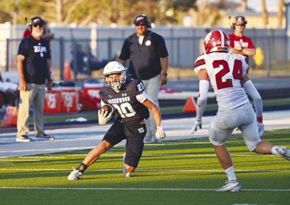Grayson Leatherwood cuts back against a Jim Ned Indian after securing a first down catch. The Rangers play Wichita Falls Legacy this Friday for homecoming.