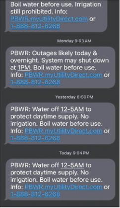 A screenshot from a Park Water customer shows just a few of the many shutoff and boil water alerts sent in recent months.