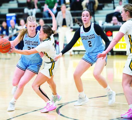 Greenwood’s Caili McDonald gets fouled while driving to the basket during the Bi-District game against Pampa on Tuesday in Lubbock.