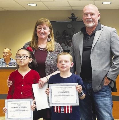 Superintendent's Honor Roll, 3rd and 4th Six Weeks 2nd Grade Neomi Elguezabal and Colin Warne Not Pictured 1st Graders Cash Compton and Jolie Duhon.