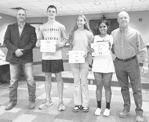 Greenwood High School First Six Weeks Superintendent Award Winners: 9th Grade Mae Savage; 10th Grade - Kasen Brooks; 11th Grade - Tatum Bales (not pictured); 12th Grade - Devanie Vasquez.