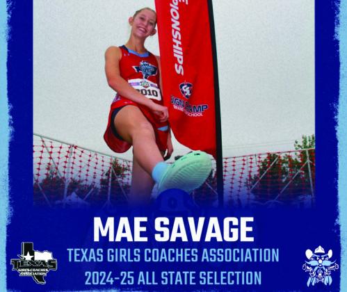GHS Sophomore Mae Savage has been selected by the Texas Girls Coaching Association to the All-State Cross Country Team