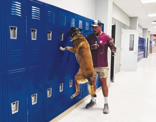 Luki, a Midland Police Department narcotics and patrol K-9, and his handler, Officer Romero, train in the hallways of Greenwood Intermediate School on Wednesday. The Midland Police Department, Midland ISD Police Department, sheriff’s department, Midland Fire Department and EMS participated in a threeday active shooter and emergency response training at the campus. GISD regularly allows emergency agencies to use its campuses for training.