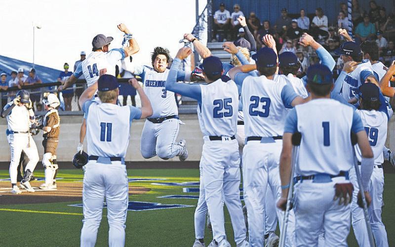 Joaquin Tavarez (3) celebrates with his teammates after blasting a home run. by Sam Cravey