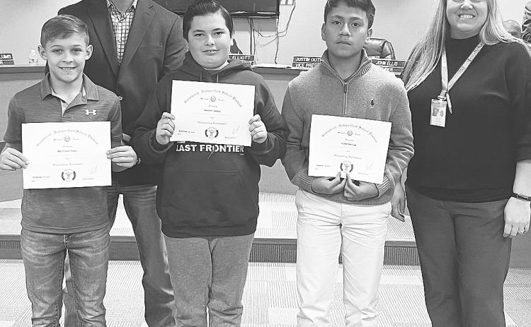 The Greenwood Superintendent Award for the Second Six-Weeks was presented to middle school students: 8th Grade - Maximillion Sharp; 6th Grade - Mahonri Jessop; and 7th Grade - Ruben Ballinas.