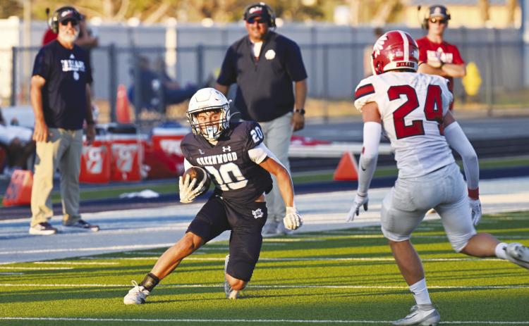 Grayson Leatherwood cuts back against a Jim Ned Indian after securing a first down catch. The Rangers play Wichita Falls Legacy this Friday for homecoming.
