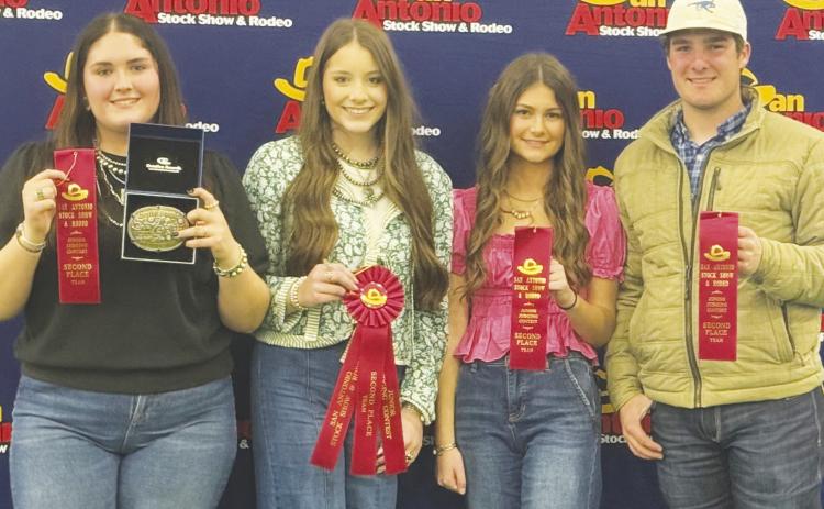 The Greenwood Senior Livestock Judging team of Tatum Bales, Karlee Robinett, Addison Fontenot, and Cade Watkins, finished second at the San Antonio Livestock Judging competition. The group competed against 201 other FFA teams from all across Texas. Tatum Bales won 1st place individual overall and received the top FFA scholarship from the San Antonio stock show and rodeo.