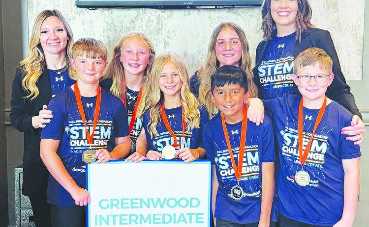 Cal Ripkin Sr. Foundation STEM team: Sponsor Elizabeth Kivin, Sonny Conner, Kenzlee Everett, Brantlee Tinkler, Benito Saenz III, Eva Wilkinson, Ty Moore, Greenwood Intermediate Principal Heather Bennett.