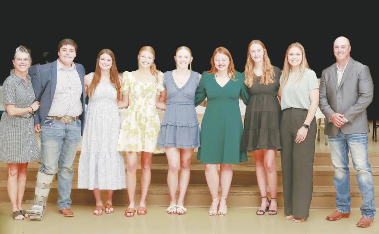 Greenwood High School National Honor Society Officers for 2024-2025: President Cael Bingham, Vice President Brinkley Smith, Secretary Makynli Carrell, Treasurer Caili McDonald, Historian Abagayle Roberts, Public Relations Maddy McConnell, and Tutoring Coordinator Sarah Masonheimer.