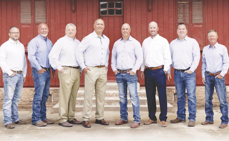 Left to Right: Trustee John Bowman, Trustee John Ellis, Superintendent Ariel Elliott, Secretary Joe Flores, President Justin Brooks, Trustee Justin Hollums, Trustee Dusty Robertson, Vice President Justin Outlaw
