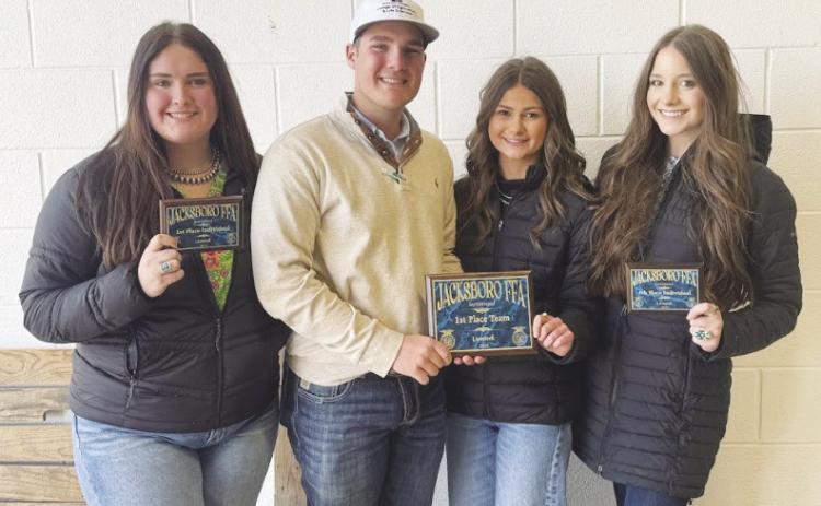 The Greenwood FFA team of Tatum Bales, Cade Watkins, Addison Fontenot and Karlee Robinett were the 1st place team at the Jack County Livestock Judging contest. Individual results were: Tatum Bales - 1st place, Karlee Robinett - 4th place, Addison Fontenot - 17th and Cade Watkins 26th. The contest had a total of 369 individuals and 83 teams. Congratulations to our GHS team on a job well done!