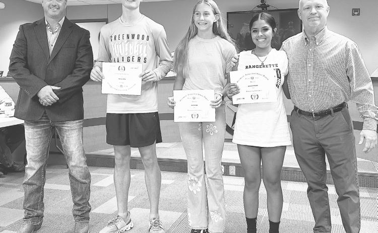 Greenwood High School First Six Weeks Superintendent Award Winners: 9th Grade Mae Savage; 10th Grade - Kasen Brooks; 11th Grade - Tatum Bales (not pictured); 12th Grade - Devanie Vasquez.