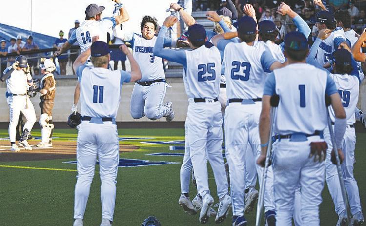 Joaquin Tavarez (3) celebrates with his teammates after blasting a home run. by Sam Cravey