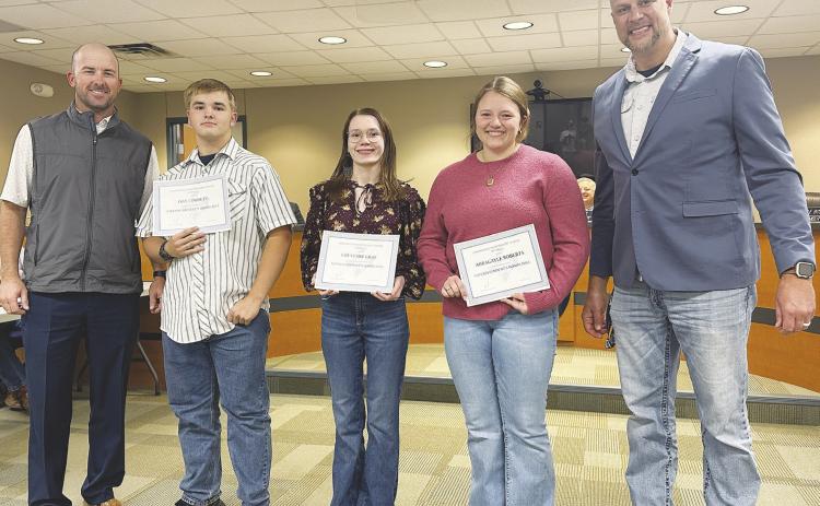 Semester 1 Second 6 Weeks Superintendent Awards 9th Grade - Dax Cornett, 10th Grade - Ethan Rybolt (not pictured), 11th Grade Cheyenne Gray, 12 Grade - Abbagayle Roberts.