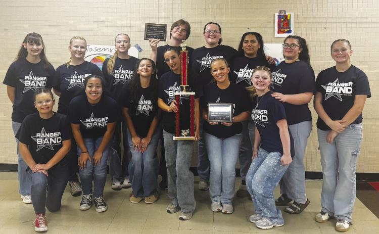 Greenwood High School band students earned several awards at the West Texas Auxiliary Competition in Lubbock. The GHS drumline placed second in Class 4A, while the color guard won first place. Kynzlie Hillis was named Outstanding Color Guard Soloist, and Weston Cummings and Rylee Vaughn earned Outstanding Color Guard Ensemble honors for the fourth consecutive year.