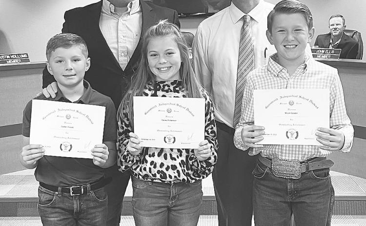 The Greenwood Superintendent Award for the Second Six-Weeks was presented to intermediate students: 3rd Grade - Caden Pickett; 5th Grade - Kacey Robertson; and 4th Grade - Micah Golden. Not pictured is 5th Grade - Hannah Bridges.