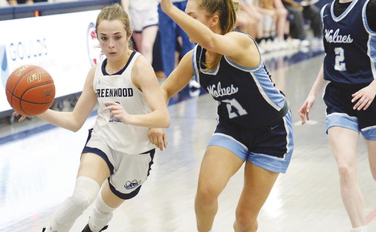 Greenwood guard Grace Franks blows past a Lady Wolves defender during the Class 4A Bi-District playoff game against No. 23 Canyon West Plains on Monday at Lubbock Cooper Liberty High School.