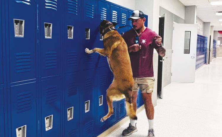 Luki, a Midland Police Department narcotics and patrol K-9, and his handler, Officer Romero, train in the hallways of Greenwood Intermediate School on Wednesday. The Midland Police Department, Midland ISD Police Department, sheriff’s department, Midland Fire Department and EMS participated in a threeday active shooter and emergency response training at the campus. GISD regularly allows emergency agencies to use its campuses for training.
